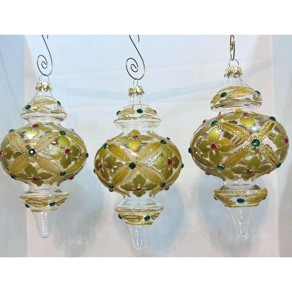 Christmas Ornaments Lot of 3 Hand Blown Painted Glass Gold jewels green red 6X3"